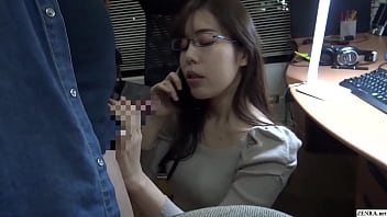 Japanese hotwife on phone with husband while giving blowjob
