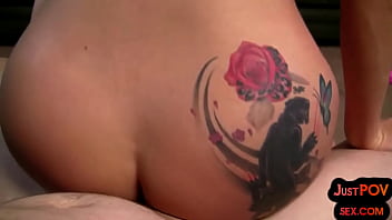POV oiled bosomy tattooed babe fucked after cocksucking